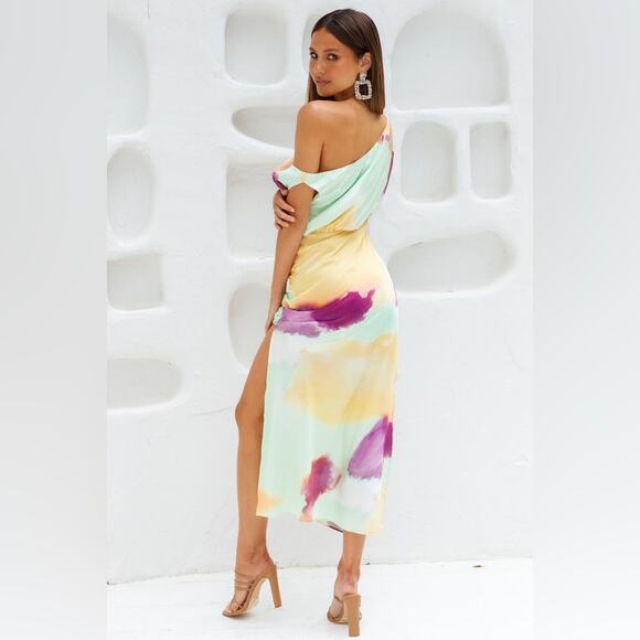 Hello Molly Talk To Me Midi Dress Size 8 – One Shoulder Satin Pastel Print - Picture 3 of 11